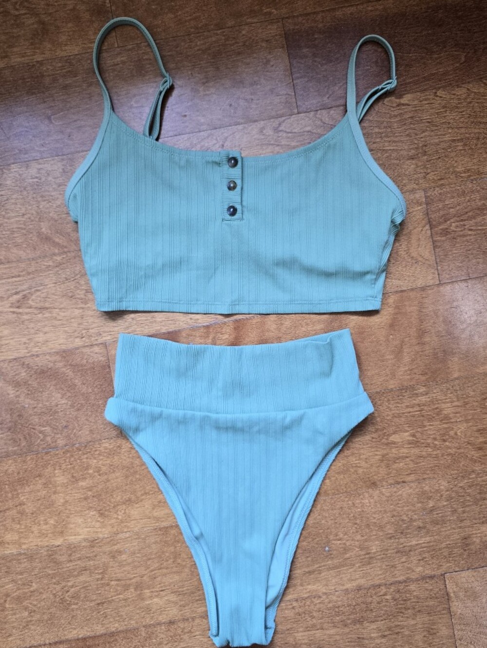 Aerie green bikini high cut cheeky bottoms scoop top with buttons XS/S